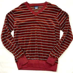 Retro Velour 90s Striped Sweater - V-Neck - Red/White - Large